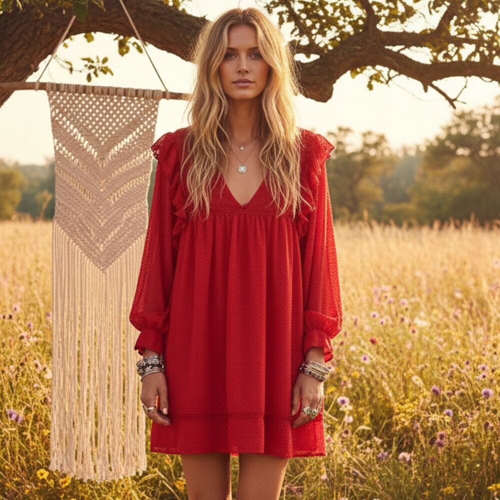 Asos 18 Mini Dress Red Ruffle Flowy Party Babydoll Glam Boho Statement Romantic